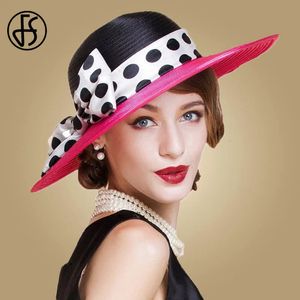 FS Elegant Women Wide Brim Rose Black Patchwork Polka Dots Kentucky Hat For Wedding Party Big Bowknot Fedora Beach Cap 240423