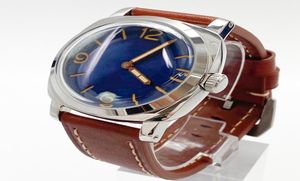 Men039s Titta på 47mm manual Up Chain Mechanical Movement Luxury Blue Polished 316L CASE Högkvalitativt brunt läderband1800436