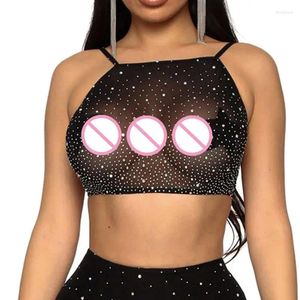 Bras se pondera Women Hollow Out Mesh 2pcs Conjunto brilhante para shinestone Halter Top Top Sexy Sheer Mini S