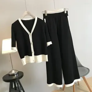 Kvinnors byxor stickade tvådelar för kvinnor Cardigan Wide Leg Pant Set Kort ärm Korean Office Lady Outfit 2024 Patchwork Autumn Suit
