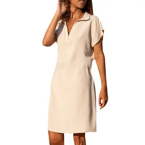 Casual Dresses Slim Fit Women'sLapel Cotton Linen Solid Midi Dress Female Pullovers Short Sleeve Sundress Clothes For Women