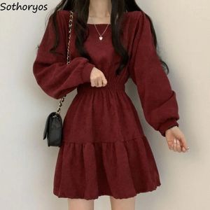 Vestidos casuais mulheres clássico primavera confortável confortável All-Match Simples retrô manga lazer elegante estilo coreano de moda cintura elástica