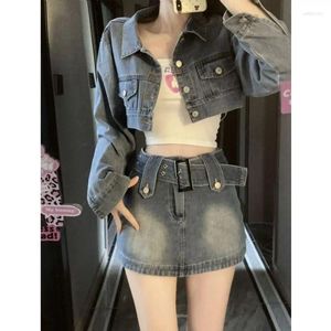 Work Dresses Vintage Denim Suit Woman Slim Casual Short Cardigan Sexy Bodycon Y2k Mini Skirt Elegant Korean Fashion Set 2024 Autumn Chic