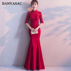 Party Dresses BANVASAC 2024 Vintage High Neck Lace Appliques Mermaid Long Evening Half Sleeve Zipper Back Prom Gowns