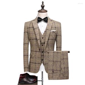 Erkekler Suits Butik (Blazer Yelek Pantolon) Moda İş Beyefendisi Düğün Günlük Ekose Pamuklu Keten İngiliz Stil Takım 3 Parça