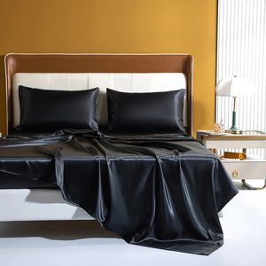 Black High-End Rayon Satin 4pcs Fitted Sheet Set Silky Solid Color Bed Sheet Elastic Band Sheets Smooth Bedsheet Mattress Cover 240410