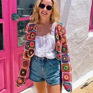 Women's Jackets AYUALIN Handmade Crochet Cropped Sweaters 2024 Autumn Ethnic Floral Knitted Hollow Out Outwear Boho Jumper Women Tops