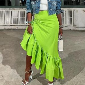 スカートハイウエストサテンフリル明るい緑の非対称性高スカートフリルカスタムメイドの女性服