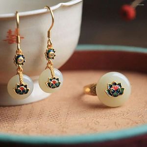 Cluster Rings Chinese Enamel Jade Lotus Peace Clasp Opening Ring Earrings Ancient Method Inlaid Stone Gifts Women Girls Temperament Jewelry