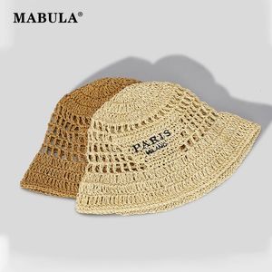Mabula Wide Brim Women Bucket Hat Hat Summer Stravo Tecido Sun Visor Hats Design de luxo Hollow Out Fashion Girls Lister Beach Hat 240410