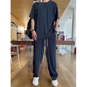 Summer Mens Korean Fashion Loose Silk Tracksuits Elastic Breattable Confort Thin Ruffled Tshirt Pants Two Piece Set Suit 240419