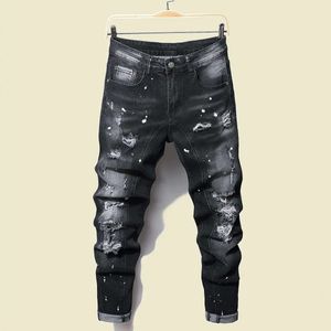 Mężczyźni czarne chude dżinsowe dżinsy Mężczyzna Raped Stretch Fit Slim Spodni długie spodnie Streetwear Casual 240426