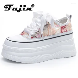 Casual Shoes Fujin 7cm Air Mesh Syntetisk äkta läderplattform Kile Kvinnor Summer Sandal Bling Chunky Sneakers Vulcanize