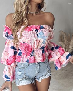 Kvinnors T -skjortor Topp kvinnor 2024 Spring Fashion Floral Print Frill Hem Off Shoulder Backless Casual Long Sleeve Daily Crop Tee Y2K kläder