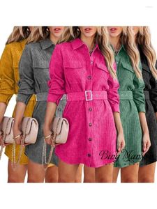 Casual Dresses Autumn and Winter Women's Fashion Solid Color mångsidig midja Street Trend Wind Lamp Corduroy långärmad klänning