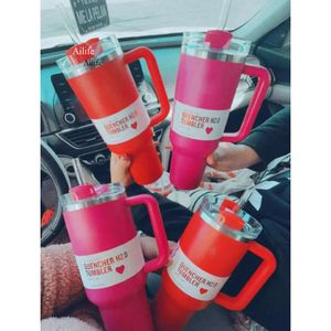 US Stock Cosmo Pink Target Red H2.0 40Oz Stainless Steel Tumblers Cups With Silicone Handle Lid And Straw Travel Car Mugs Keep Drinking Cold Water Bottles i0430