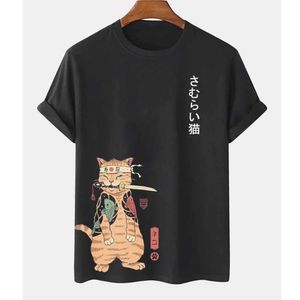 Erkek Tişörtler Karikatür Anime Samurai Kedi Erkekler İçin Baskı Tişörtlü Tişörtlü Dış Hip Hop Harajuku Vintage Giysileri Sıradan O boyun gevşek Kısa Slve TS Y240429