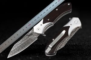 Coltello pieghevole per flipper di alta qualità VG10 Damascus Steel Blade Rosewood con impugnatura in acciaio da campeggio esterno cuscinetto Cuscinetto a tasca con tasca a tasca aperta