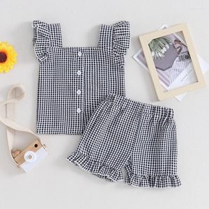 Kläder sätter babyflickor sommar 2 bit outfit pläd ruffle knapptankar och elastiska shorts mode söta kläder