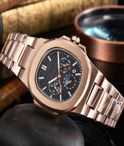 Wristwatch Mens Steel Band Square Quartz Watch Fashion Watch Stapless Aço Strap Multifuncional Calendário Copper Silver Gold7964384