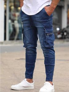 Mäns jeans nya män smala stretch casual mode multi pocket blixtlås denim byxor vardagliga gata arbets hiphop byxor q240427