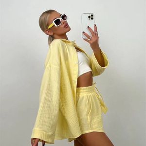 Kvinnors designer långärmad skjorta shorts set ny sommarsol cool bekväm andningsbar ren bomullsset kvinnor två stycken byxor kläder