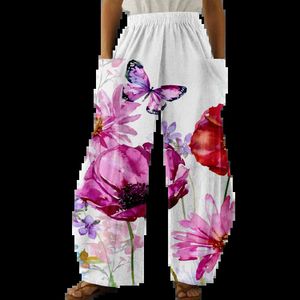 Calças femininas Capris Casual Butterfly Floral Print Pants Mulheres calças de moletom de calça de praia de roupas de tamanho grande com bolsos Mulheres Y240429
