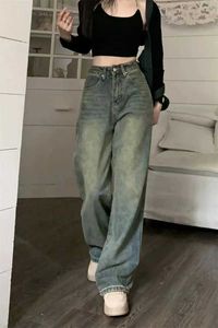 Calça feminina capris y2k saco de bolsa casual jeans de perna larga feminina t-shirt totalmente combinada com jeans de jeans lavados retro 90s de cintura alta calça reta Y240429