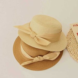 Wide Brim Hats Bucket Hats Girls Str Hat Beach Hat Sun Protection Wide Brim Simple Sweet Bow Tie Ribbon Decoration Summer Girl Round Top Hat J240429