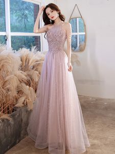 Sexy Pink Lace Evening Dresses Halter Long Sleeve Women Elegant A-Line Dress Maxi Prom dress Party Gown Abendkleider Robe De Soiree Vestidos