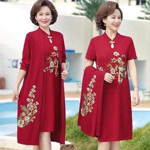 Work Dresses Women Dress Two Piece Suit Spring Fall Noble Elegant Cheongsam Outfit Middle-aged Mother Embroidered Knitted Set 5XL