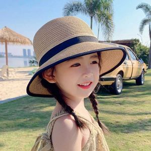 Wide Brim Hats Bucket Hats Childrens Sunscreen Hat Spring Travel Girl Summer Str Hat UV Protection Bow Str Hat J240429