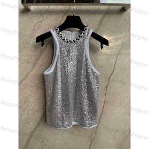 Designer kvinnors tshirt Ny liten doftande vind silver full tunga arbetspärlor paljett stickad rund nacke pullover ärmlös botten upphängd tank top för kvinnor