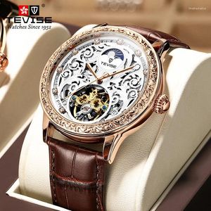 Armbandsur Automatisk Tourbillon Hollow Mechanical Watch Men's Sun Moon Stars snidade lädervattentäta lysande sport