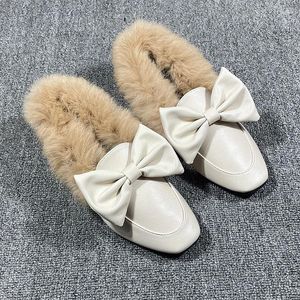 Casual Shoes Women Fur Square Hair Warm Flats Black Brand Wear Outside Loafer Bow Tie Moccasin For Winter