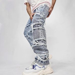 Erkek kot pantolon yırtılmış yıkanmış pantolon 2024 şık hip hop sokak kıyafeti erkek katı retro sıkıntılı delikler düz denim pantolon