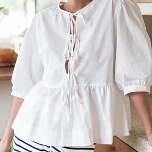 Women's Blouses 3/4 Length Sleeve Womens Tops Lace Up Bow Shirts Causal O Neck Puff 2024 Chic Female Loose T Streetwear