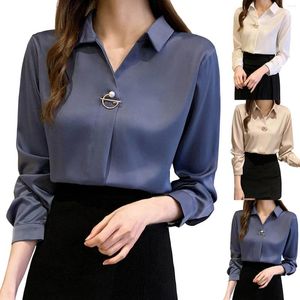 Kvinnors blusar Satin Silk Button Shirt Korean Fashion Casual Loose Long Sleeve Office Lady Blue Spring Solid Plain T Shirts