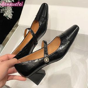 Klädskor danxuefei kvinnors äkta leahter mix färg lapptäcke Mary Jane pumpar 5 cm tjock med häl 2024 Autumn Female Heeled