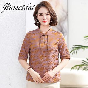 Women's T Shirts JiuMeiDai-Women's Chinese Style Print Tops And Blouses Summer Female Retro Short Blouse Fashion Ladies Clothes 2024