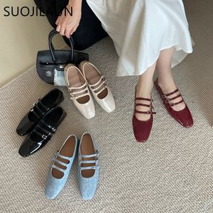 Suojialun Autumn Women Shoes planos Fashion redou dedo do pé raso raso elegante plana mary jane sapatos de vestido ao ar livre 240418