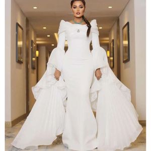 White Mermaid Aso Ebi August Prom Dress Satin Crystals Evening Formal Party Second Reception Birthday Engagement Gowns Dresses Robe De Soiree Zj Es