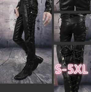 Mens Black Thick Leather Side Laces Up Jeans Style Long Pant Motorcycle Trousers Pants 240419