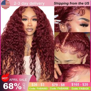 Synthetic Wigs 32 inch Burgundy curly human hair wig 13x4 high-definition lace front 99j deep wave baby density 180% Q240427