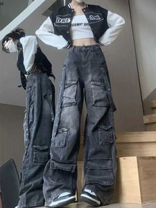 여자 청바지 미국화물 청바지 패션 멀티 포켓 디자인 하이 스트리트 청바지의 감각 여성 넓은 다리 느슨