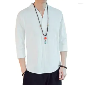 Camicie casual maschile camicia in lino di cotone estate a tre quarti di scollo a v-torto a V Comfort Style morbido più M-8xl