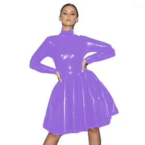 Casual Dresses Glossy Patent Leather Turtleneck Dress Long Sleeve A-Line Pleated Elegant Party Bridesmaid Clubwear Mini kjol