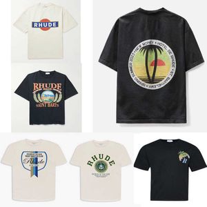 Högkvalitativ original Rhuder Designer T Shirts 2023 Summer New Coconut Tree Sunset Print Vintage Antik Old Fashion Mens Womens kortärmad med 1: 1 logotyp