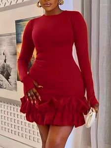 Casual Dresses 2024 Sexig Slim Fit Solid Color Long Sleeved Round Neck Patchwork Ruffled Mini Dress Plus Size Women's Elegant Evening Club