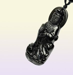 Fina smycken hand snidad naturlig äkta obsidian kwanyin gudinna bodhisattva buddha hänge halsband 8083646